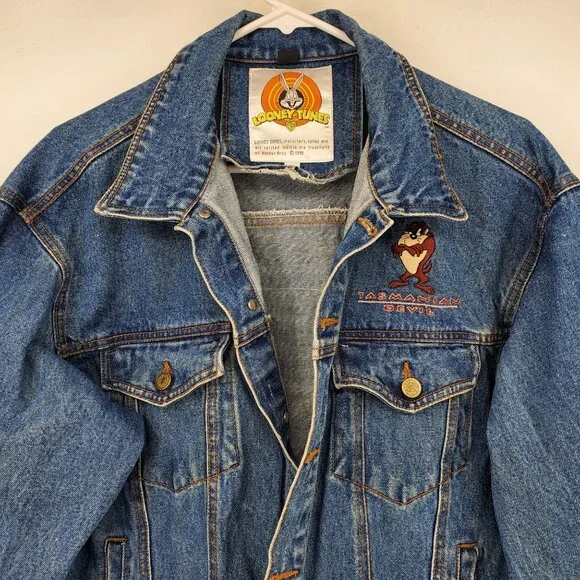Vintage Looney Tunes Tasmanian Devil Mean and Rough Patch Jean Jacket Large - Picture 14 of 16